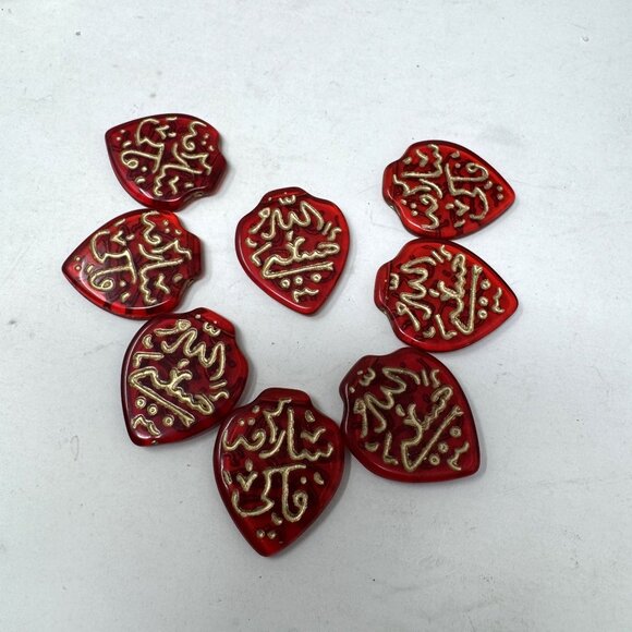 Czech Glass Ruby Red Pendants w/ Gold Metallic 8 pc Writing Arabic - Picture 2 of 5